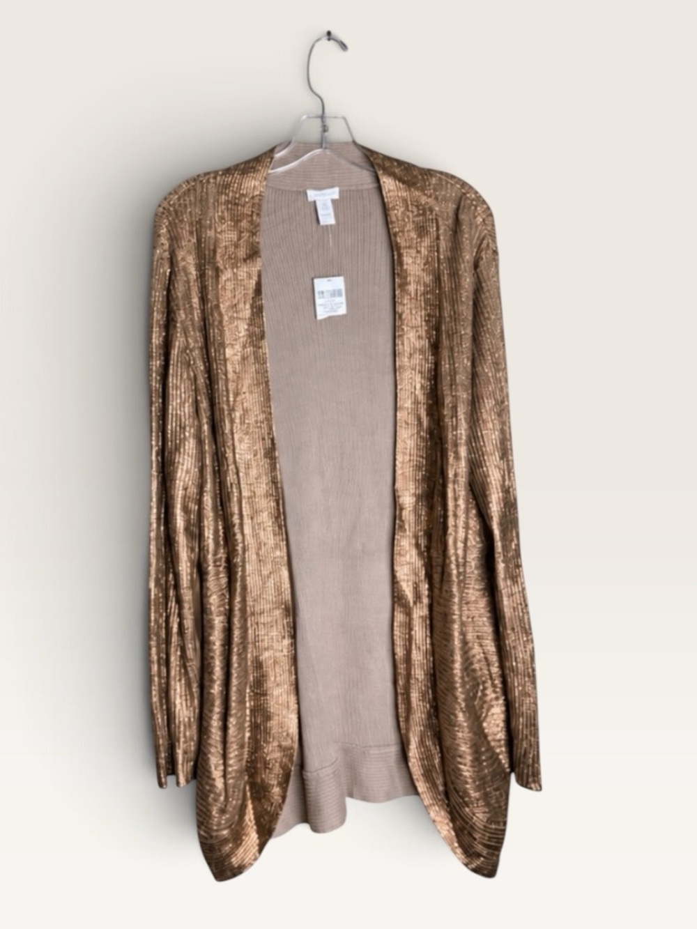 Chico’s Size 2 Aurora Metallic Taupe Open Front Cardigan Nwt